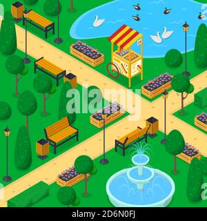 Paesaggio del parco cittadino, illustrazione vettoriale isometrica 3d. Vicolo giardino urbano, panchine, laghetto e alberi verdi. Primavera o estate all'aperto. Illustrazione Vettoriale