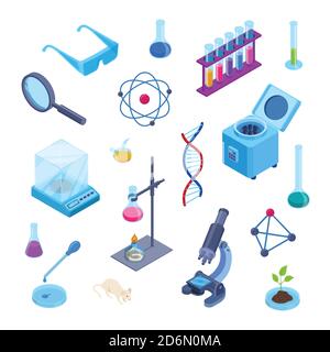 Laboratorio scientifico e vettore di ricerca chimica simboli isometrici 3d. Insieme di icone piatte isolate e alla moda. Raccolta di attrezzature da laboratorio per esperimenti chimici Illustrazione Vettoriale