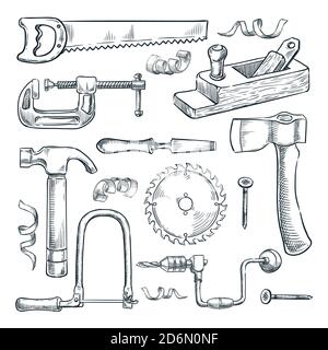 Set di attrezzi per legno e carpenteria. Carpentiere attrezzatura artigianale officina, vettore disegno a mano illustrazione dello schizzo. Materiale legno e arredamento industria desi Illustrazione Vettoriale