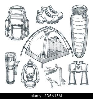 Set di oggetti per campeggio e escursioni. Illustrazione dello schizzo disegnata a mano dal vettore. Elementi di progettazione del campo isolati su sfondo bianco. Illustrazione Vettoriale