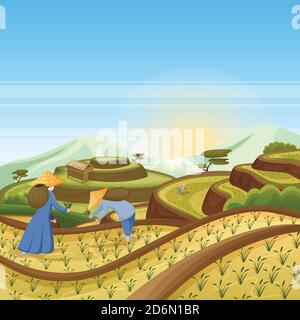 Sfondo paesaggio asiatico con campi verdi di riso terrazza. La gente raccoglie il riso in campo. Illustrazione di cartoni animati vettoriali per la raccolta e l'agricoltura. Illustrazione Vettoriale