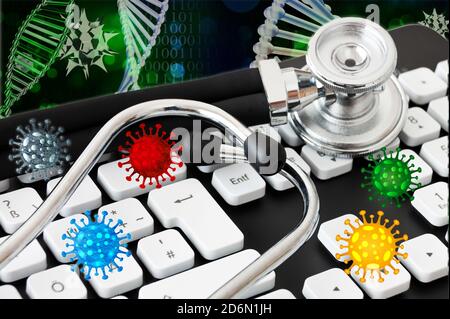 Corona Virus mit Stethoskop und Tastatur Foto Stock