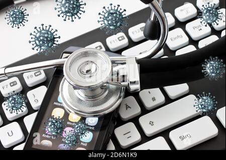 Corona Virus mit Stethoskop, smartphone und Tastatur Konzept Foto Stock