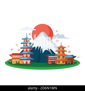 Simboli nazionali giapponesi. Immagine vettoriale a fumetto piatto, isolata su sfondo bianco. Edifici pagoda di Tokyo e montagna Fuji. Illustrazione Vettoriale