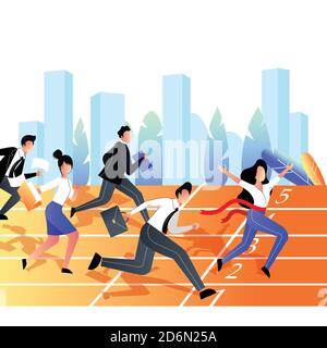 Concorrenza aziendale e concetto vincente. Gruppo di uomini d'affari gareggia sulla pista sportiva dello stadio. Immagine piatta vettoriale trendy. Illustrazione Vettoriale
