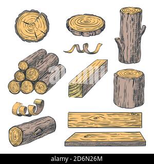 Tronchi di legno, tronchi e tavole, disegno vettoriale a colori dello schizzo. Materiali in legno disegnati a mano isolati su sfondo bianco. Set legna da ardere. Illustrazione Vettoriale