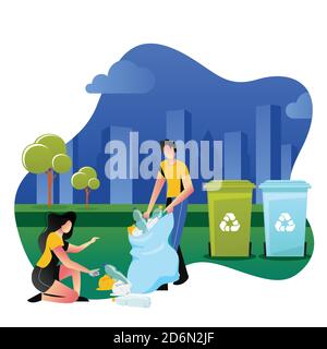 Volontari che raccolgono rifiuti di plastica all'aperto. Volontariato, ecologia e concetto di ambiente. Illustrazione piatta del cartone animato vettoriale. Ordinamento e registrazione delle persone Illustrazione Vettoriale