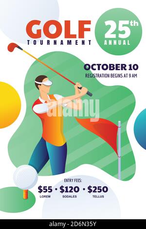 Torneo di golf o concorso, poster, volantino, disposizione dei biglietti. Vettore moderno illustrazione di giovane uomo che gioca a golf e colpisce la palla. Banner astratto Illustrazione Vettoriale