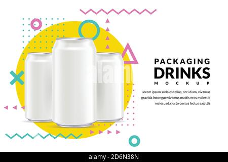 Poster o modello di banner. Alluminio bianco argento può illustrazione 3d, birra, acqua o altre bevande concetto di pubblicità. Disegno del layout di mockup vettoriale el Illustrazione Vettoriale