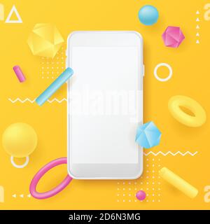 Mockup smartphone, poster in stile memphis, modello di progettazione banner. Vettore realistico 3d illustrazione di plastica bianca cellulare, astratto geometrico sh Illustrazione Vettoriale