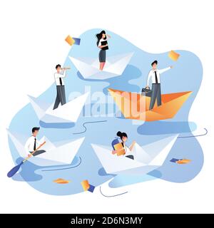 Concetto aziendale di leadership, carriera e successo. Uomini d'affari che navigano da quattro navi bianche e una rossa di carta o barche. Illustrazione piatta vettoriale alla moda Illustrazione Vettoriale