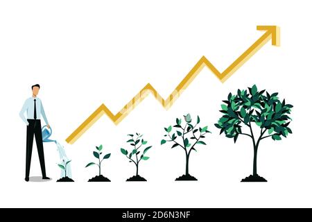 Concetto di business per la crescita degli investimenti e dei finanziamenti. Uomo d'affari annaffiatura piccolo germoglio verde. Immagine piatta vettoriale. Cinque fasi di albero crescente e inc Illustrazione Vettoriale