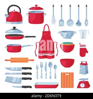 Set di elementi di design per utensili da cucina, isolati su sfondo bianco. Vector cucina e utensili moderna collezione di utensili. Icona del fumetto piatto della famiglia Illustrazione Vettoriale