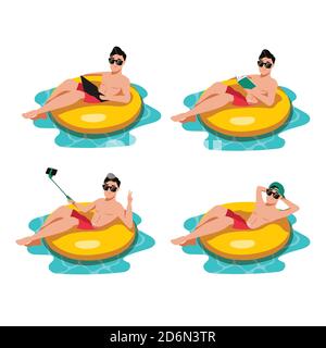 Felice ragazzo giovane che nuota sull'anello gonfiabile giallo in piscina. Set di illustrazioni vettoriali a cartoni piatti, isolato su sfondo bianco. Spiaggia estiva v Illustrazione Vettoriale