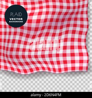 Tabloth o plaid illustrazione vettoriale realistica. Coperta in tessuto color rosso gingham su sfondo trasparente isolato. Sfondo astratto del menu del cibo. Illustrazione Vettoriale