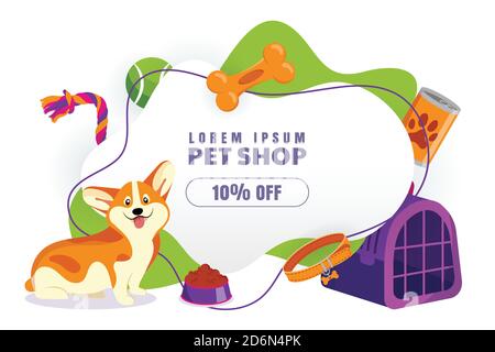 Poster di vendita sconto per il negozio di animali domestici, modello di progettazione banner. Vettore cartoon illustrazione di gallese corgi pembroke cane con giocattolo. Alimenti per animali, accessori e. Illustrazione Vettoriale