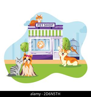 Negozio di animali o clinica di vet facciata vettore piatto cartoni animati illustrazione. Gatti e cani seduti vicino all'edificio del negozio di animali. Illustrazione Vettoriale