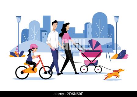 Felice famiglia giovane con due bambini e cane godere week-end a piedi nel parco della città. Illustrazione di un cartone piatto vettoriale. Concetto di svago estivo della città all'aperto. Illustrazione Vettoriale