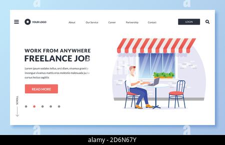 Giovane imprenditore freelancer lavora su computer portatile al tavolo nel caffè di strada. Vettoriale illustrazione moderna per la pagina di destinazione web, banner, poster design. Remoto Illustrazione Vettoriale