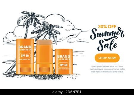 Banner estate vendita cosmetica, poster design modello con schizzo spiaggia paesaggio sfondo. Immagine 3D vettoriale realistica di crema solare, crema solare st Illustrazione Vettoriale