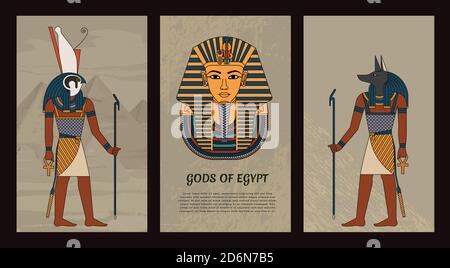 Simboli di illustrazione vettoriale degli antichi dèi egiziani Anubis e Horus, e maschera del faraone Tutankhamon. In stile vintage colorato. EPS 10. Illustrazione Vettoriale