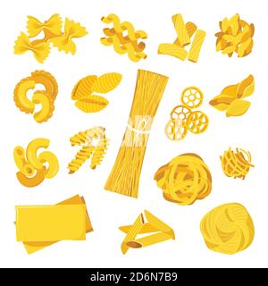 Raccolta di pasta isolata su sfondo bianco. Illustrazione di maccheroni vettoriali a cartoni piani. Cucina italiana, icone del cibo e set di elementi di design Illustrazione Vettoriale