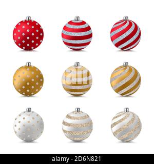 Decorazione dell'albero di Natale e di Capodanno. Palline bauble 3d realistiche con motivo lucido con glitter. Elementi di disegno vettoriali. Vacanza in oro, rosso e bianco Illustrazione Vettoriale