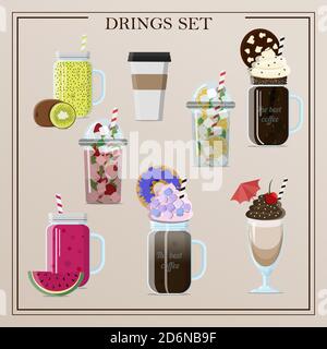 Set di deliziosi cocktail vettoriali, caffè, frullati, tè, frullati, limonata, caffè ghiacciato. Immagine piatta di bicchieri, bicchieri, tazze e tazze in plastica isolati per bevande fredde e calde. Bevande con panna, frutta, condimenti, una paglia e un ombrellone cocktail per una festa estiva e relax. Illustrazione Vettoriale