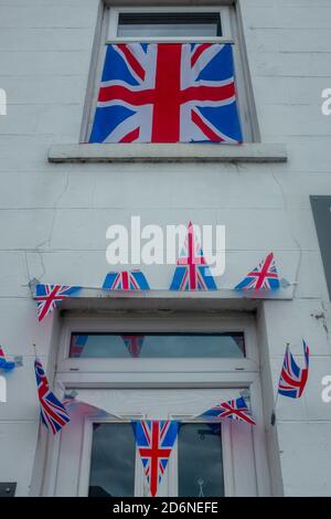 8 maggio 2020, Durham. Decorazione Union Jack come parte del VE Day 2020, celebrazioni durante il blocco COVID-19. Foto Stock