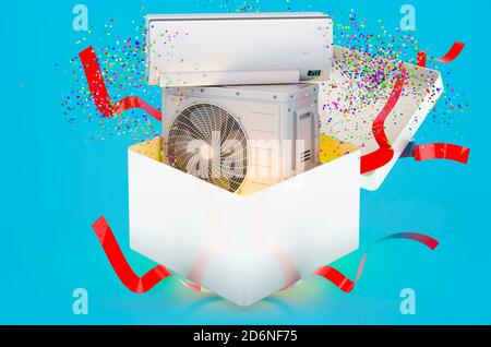 Aria condizionata, parete interna e compressori esterni all'interno della confezione regalo, rendering 3D su sfondo blu Foto Stock