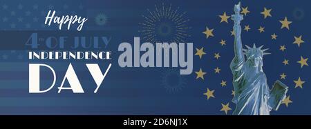 Statua poligonale con vista frontale liberty e bandiera monocromatica degli Stati Uniti con stella d'oro e sfondo elementi fuochi d'artificio in art deco stile su tema di colore blu Foto Stock