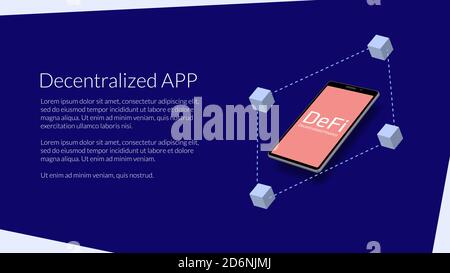 Applicazioni mobili decentralizzate. Software finanziario per smartphone. Modello per un sito Web o banner. Vettore EPS10. Illustrazione Vettoriale