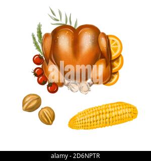 Illustrazione isolata giorno del Ringraziamento o cena di Natale. Su fondo bianco: tacchino, mais, tappery, noci, pomodoro e arance. Foto Stock