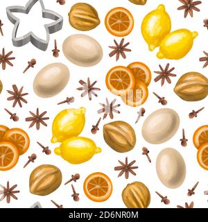 Tavola di ringraziamento o cena di Natale. Su fondo bianco: Uova, noci, fette d'arancia, cannella, limoni, garofano, anice e tappezzeria da forno. Foto Stock
