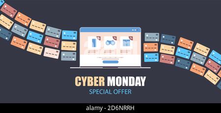 internet banking carte di credito per il pagamento dello shopping online cyber lunedi vendita sconti vacanza e-commerce concetto orizzontale vettore illustrazione Illustrazione Vettoriale