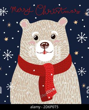 Carta di Natale con carino orso polare in una sciarpa rossa. Illustrazione piatta del cartone animato vettoriale. Illustrazione Vettoriale