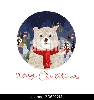 Carta di Natale con carino orso polare in una sciarpa rossa. Illustrazione piatta del cartone animato vettoriale. Illustrazione Vettoriale