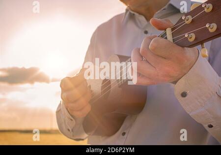 uomo che gioca ukulele in campagna al tramonto Foto Stock