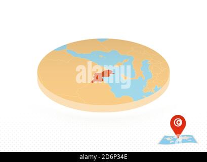 Mappa tunisina disegnata in stile isometrico, mappa circolare arancione della Tunisia per il web, infografica e altro ancora. Illustrazione Vettoriale