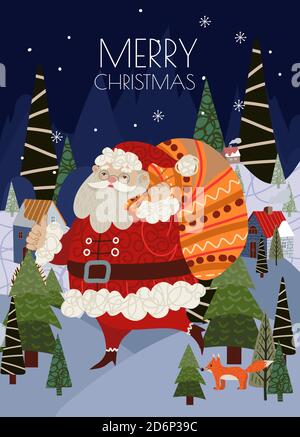 Carte di Natale con semplici illustrazioni carine di Babbo Natale e decorazioni per le vacanze. Vettore. Illustrazione Vettoriale