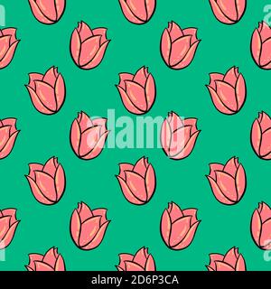 Tulipano rosso, motivo senza cuciture su sfondo verde. Illustrazione Vettoriale