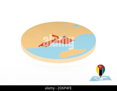 Mappa del Mozambico disegnata in stile isometrico, mappa circolare arancione del Mozambico per il web, infografica e altro ancora. Illustrazione Vettoriale