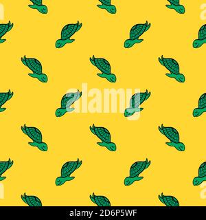 Tartarughe marine, motivo senza cuciture su sfondo giallo. Illustrazione Vettoriale
