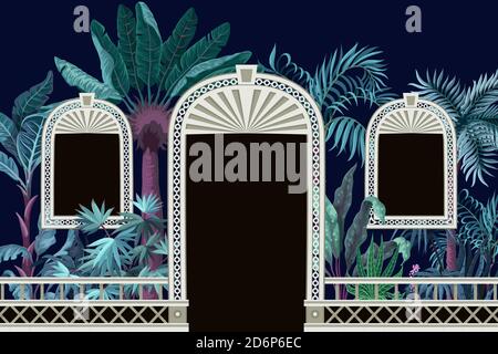 Modello con alberi tropicali e porte aperte in un giardino stile Illustrazione Vettoriale