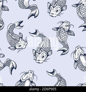 Modello senza cuciture con pesci koi. Stampa giapponese vintage. Illustrazione Vettoriale