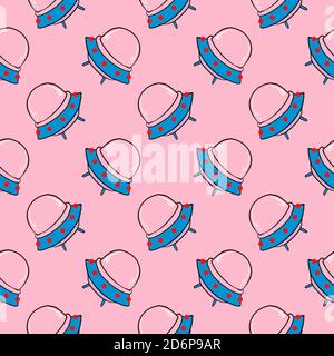 Little Alien UFO, modello senza giunture su sfondo rosa. Illustrazione Vettoriale