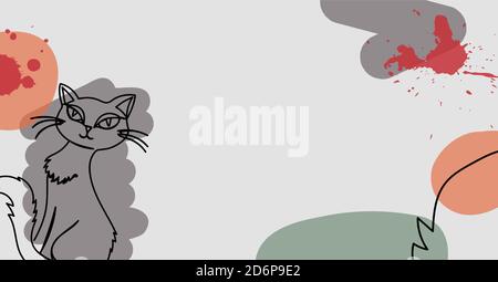 Banner di un gatto in stile lineare disegnato a mano con coloratissime macchie astratte. Illustrazione Vettoriale