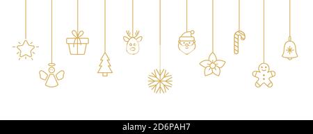 Baubles oro di festa con fiocco di neve, santa, albero di natale, renne, canna da zucchero, angelo, scatola regalo. Natale appeso su sfondo bianco. Anno nuovo Illustrazione Vettoriale
