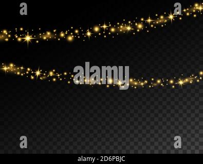 Lussuosa ghirlanda d'oro con scintille e stelle. Luci scintillanti natalizie. Decorazioni per le vacanze con stelle lucenti e glitter. Elementi di progettazione party per Illustrazione Vettoriale