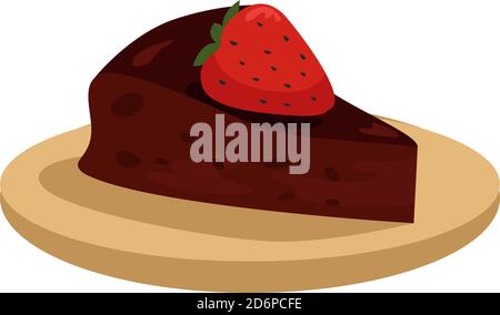 Fetta di torta al cioccolato con fragola, illustrazione, vettore su sfondo bianco. Illustrazione Vettoriale